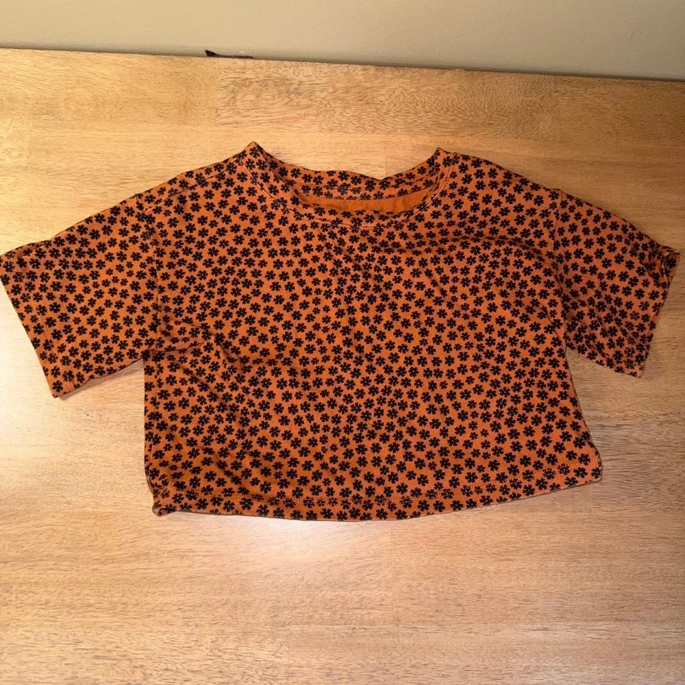 Girls Burnt Orange Black Floral Print 2 Piece Crop Top and Skater Skirt Set